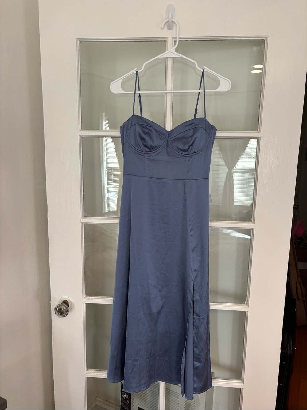 Astr Slate Blue Midi Slip Dress with Spaghetti Straps